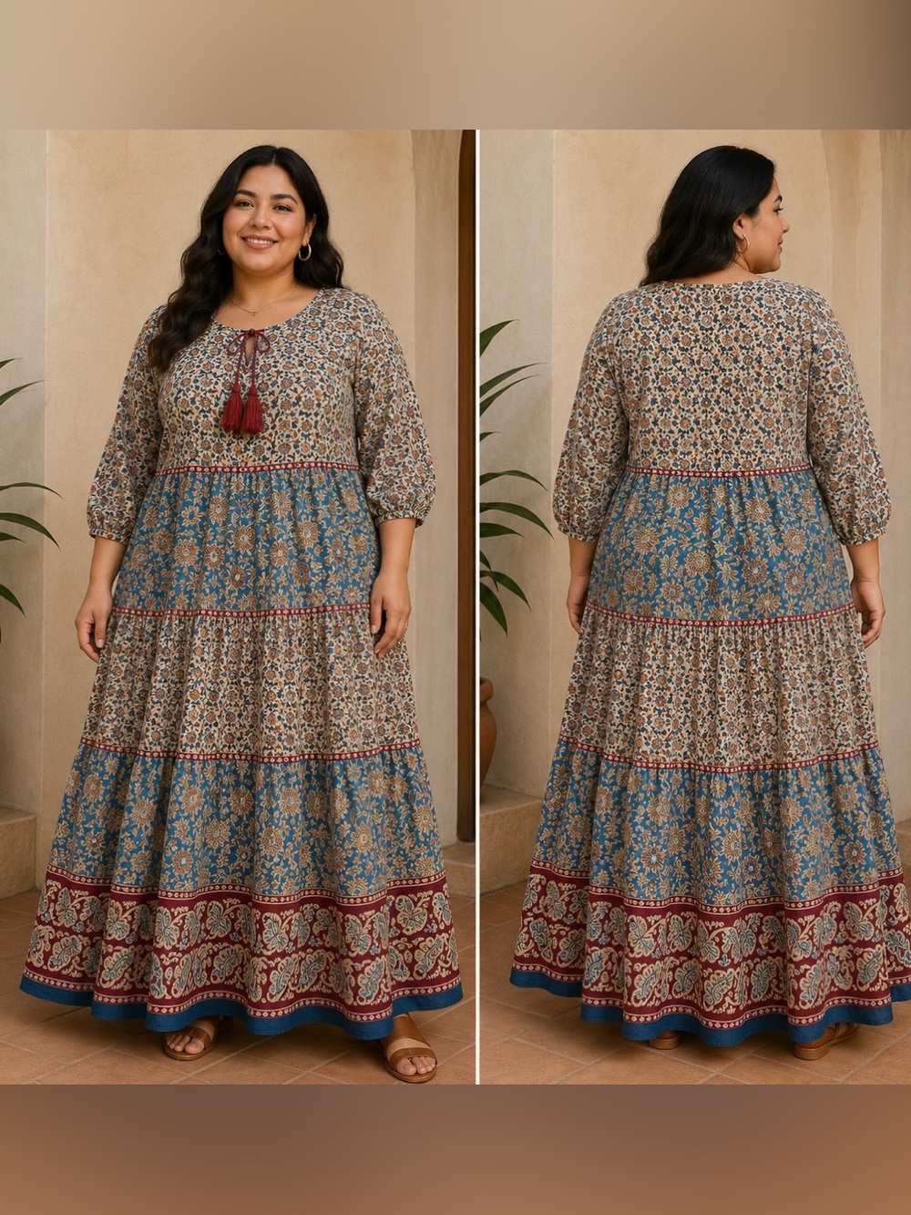NATURAL LIFE Navy and Burgundy Floral Bohemian Tiered Maxi Dress